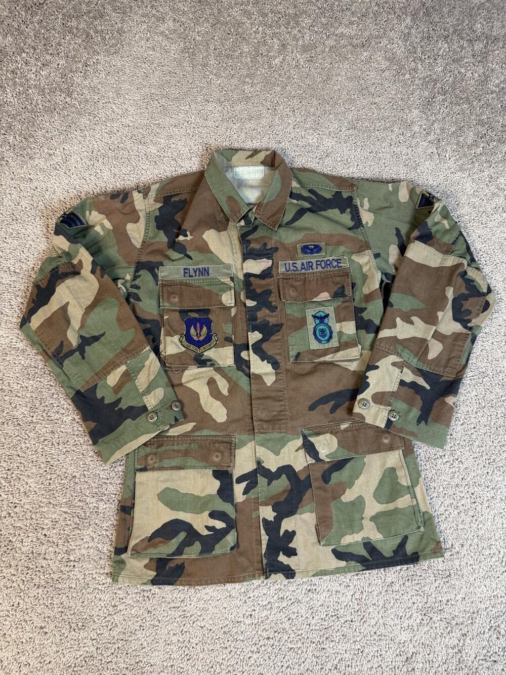 US Air Force Jacket Mens L Woodland Camo BDU Combat Field Shirt Patches Military